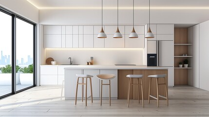 A Modern Kitchen With A Counter, Dining Chairs, And Sliding Glass Doors. 