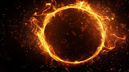 Dynamic circle of fire with flowing motion and sparks against a dark background, ideal for dramatic visual effects and fantasy themes.