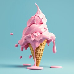 A playful depiction of a pink ice cream cone mid-melt, with creamy swirls and drips captured against a light blue background.