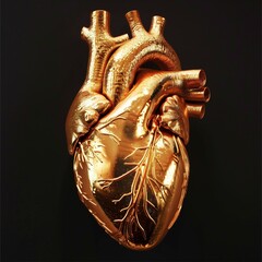 A realistic model of a human heart sculpted in gold, showcasing intricate detailing and a brilliant metallic finish on a dark background.