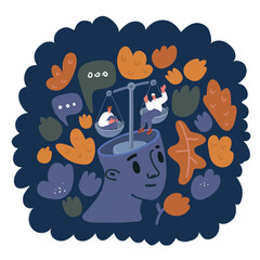 Cartoon vector illustration of scales in head. Decision making concept. Choosing of challengers