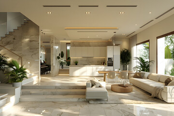 Contemporary Living Room with Marble Floors and White Furniture in the Style of Vray Tracing