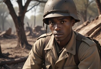 In the heart of the chaos of World War II, amidst the smoke-filled battlegrounds and the deafening roar of artillery, there stands a solitary figure, a black soldier, unbowed and resolute. 