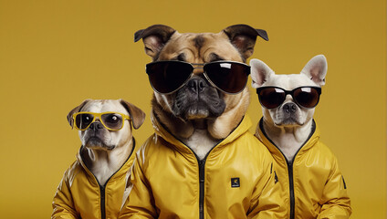 Three dogs wearing yellow jackets and sunglasses are posing in front of a yellow background.

