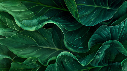 Ethereal digital art of glowing green leaves in a macro perspective for a mystical background.