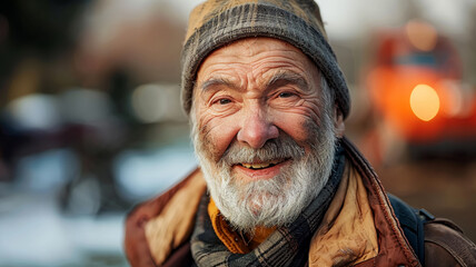 Senior man in cap and warm clothing smiling, AI Generative.