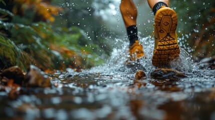 Adventurous runner splashing through a stream on a forest trail, feeling alive and invigorated by the natural surroundings.
