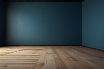 interior with an empty blue wall and wooden floor Generative AI 