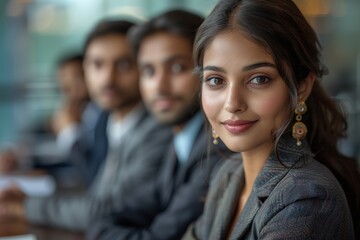 Young Indian woman in corporate attire sitting with her 4 male colleagues in an office. Ai generated