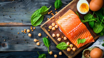 Salmon, eggs, beans and spinach, foods rich in vegetable proteins