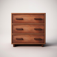 3D rendering of a wooden chest of drawers with brown handles against a white background