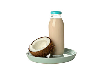 PNG, Bottle of milk and coconut on plate, isolated on white background