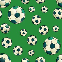 Seamless pattern of soccer balls scattered across a green field, Generative AI