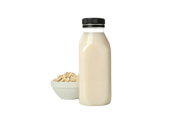 PNG, Bottles of milk and oatmeal in bowl, isolated on white background