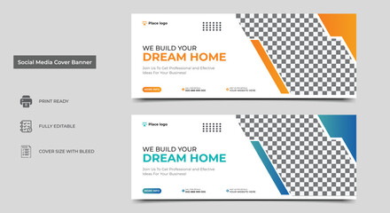 Construction social media cover banner design template. Home improvement web banner template. Dream home for sale social media cover banner template.
