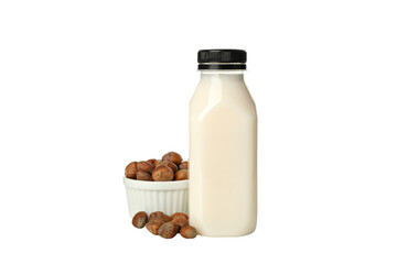 PNG, Bottle of milk and hazelnuts in bowl, isolated on white background