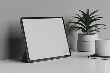 Tablet mockup placed on a sleek, modern desk, its screen displaying a blank white canvas