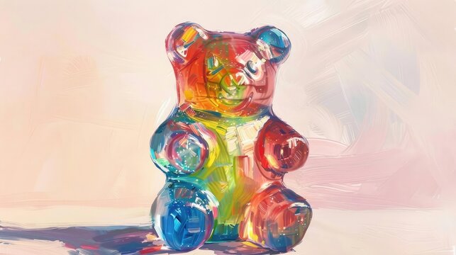 full image, frontal view + A clipart on white background, surrealistic oil painting of gummy bear made by translucent candy