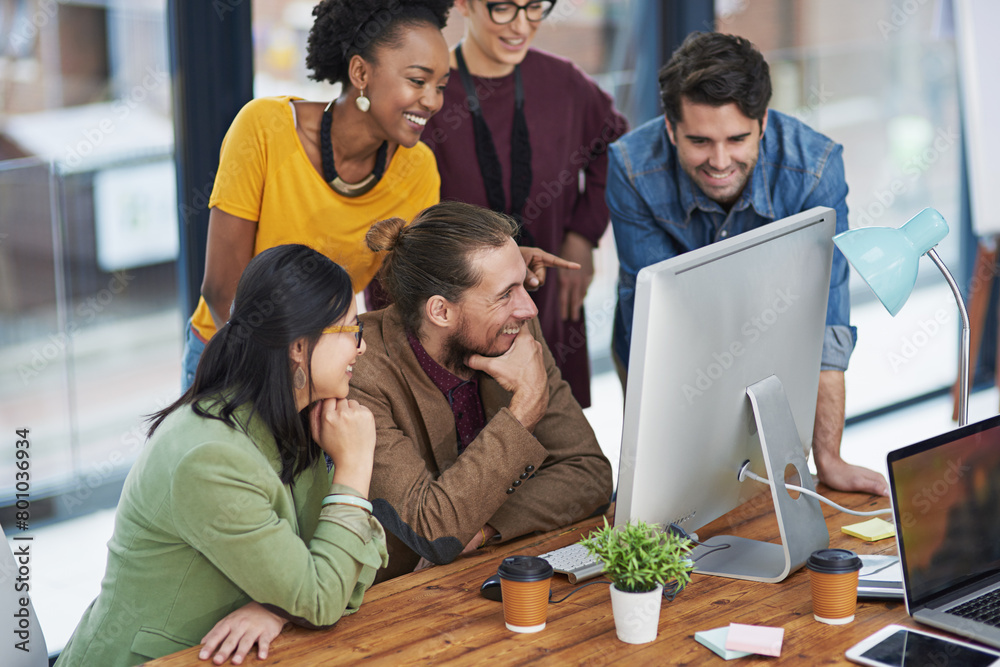 Poster teamwork, thinking and man with computer in office, colleagues and smile for collaboration of design