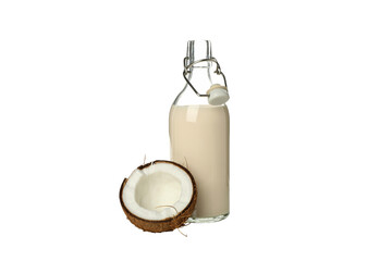PNG, Bottle of milk and half coconut, isolated on white background