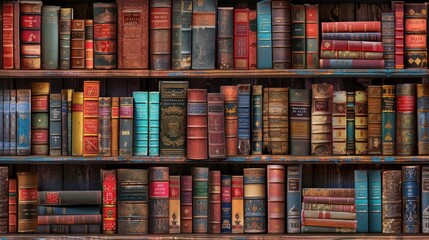 Mysterious Library Bookshelf background with many Antique Books arranged