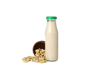 PNG, Bottle of milk and cashews in bowl, isolated on white background