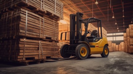 Fototapeta na wymiar A forklift is loading wood to be stacked in the finished product warehouse.AI generated image