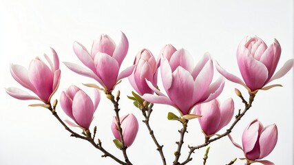 closeup of pink magnolia flowers on plain white background from Generative AI