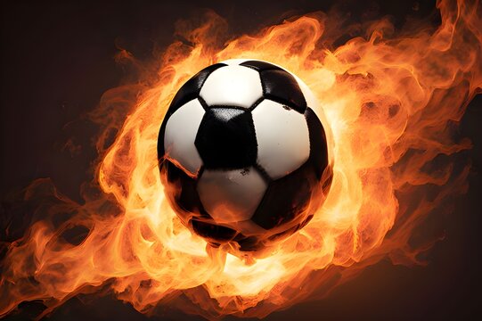A fierce soccer ball, blazing from the embers of the fire which systematically consumes the black and white pentagons, fiery hues dance across its surface as fiery particles seem to erupt from its cen