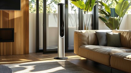 A stylish tower fan standing tall in a contemporary living room, its oscillating blades dispersing cool air evenly throughout the space,