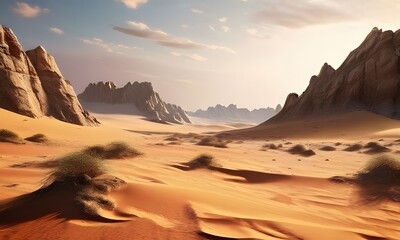 desert landscape with shifting sand dunes jagged rock