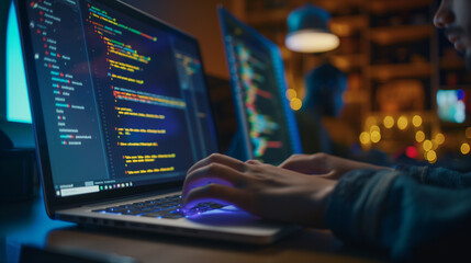 With fingers dancing across the keyboard, a developer's hands blur as lines of code materialize on the screen of their laptop, the glow of the monitor illuminating their intense fo