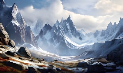 stunning landscape of towering mountains with intricate details showcasing the rugged terra