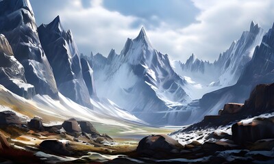 stunning landscape of towering mountains with intricate details showcasing the rugged terra