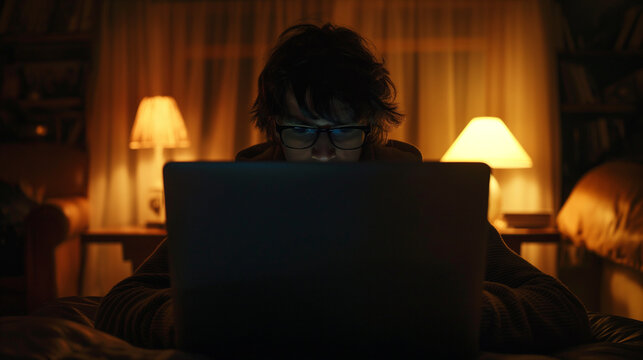 In a dimly lit room, the luminous glow of a laptop screen casts an ethereal light on the face of a dedicated developer, their eyes alight with the brilliance of solving intricate c