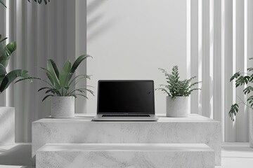 A new model laptop resting on a sleek, minimalist desk accented with geometric planters