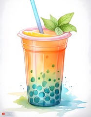  Watercolor, low saturation, fresh color, bubble tea, plastic mug, white background 