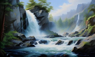 majestic waterfall cascading down rugged cliffs with realistic details capturing the power