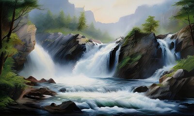 majestic waterfall cascading down rugged cliffs with realistic details capturing the power