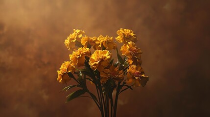 Marigold bouquet, rustic brown background, artisan craft magazine cover, gentle overhead lighting, eyelevel shot