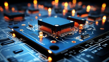 Abstract advanced micro Quantum computer communication concept artificial Intelligence or AI networking and Cloud Computing Circuit Board Digital Lines Data processor chip generator AI illustration.