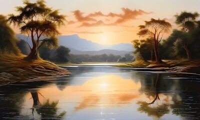 peaceful serenity of a meandering river with realistic reflections of overhanging trees 