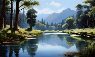 peaceful serenity of a meandering river with realistic reflections of overhanging trees 