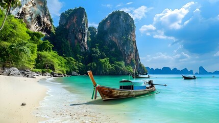 Obraz premium A colorful postcard with a turquoise lagoon seascape with a boat off the coast of Thailand. The concept of the tourist banner is welcome to Thailand.