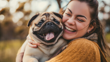 With a playful smile, the woman cradles her pug in her arms, their laughter harmonizing as they share a lighthearted moment in a sunlit park.