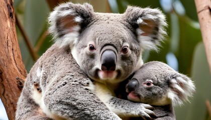 A Koala With Its Baby Nestled In The Safety Of Its Upscaled 3 - obrazy, fototapety, plakaty