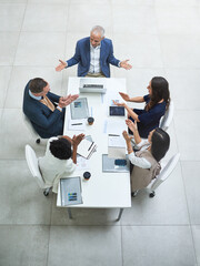 Above, business people and clapping hands in office meeting for partnership, collaboration or...