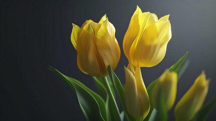 Yellow tulips, charcoal grey background, modern decor magazine cover, high contrast lighting, front and center perspective