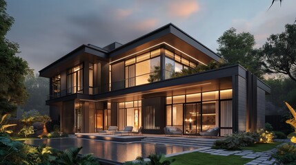 Fototapeta premium A Modern Home With A Swimming Pool In The Frontyard.