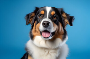 portrait of amazing healthy and happy smart black and white border collie in the photo studio on the blue background